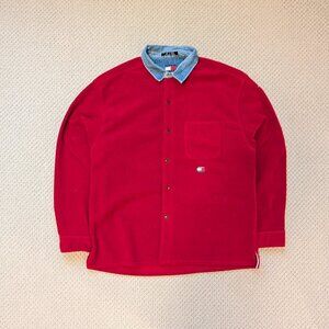 Vtg Tommy Jeans Fleece Button Up Denim Collar Large Y2k